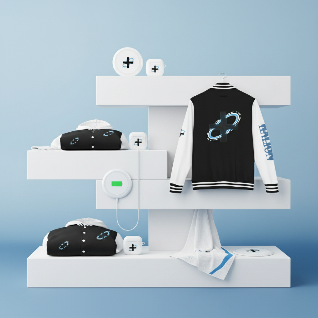 HALIONWEAR product display with white shelf and blue background